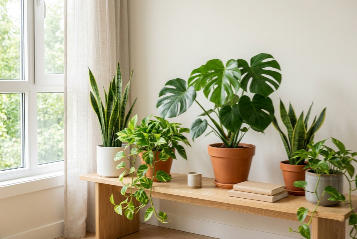 نباتات إضاءة متوسطة على رف خشبي بجانب نافذة بضوء طبيعي ناعم