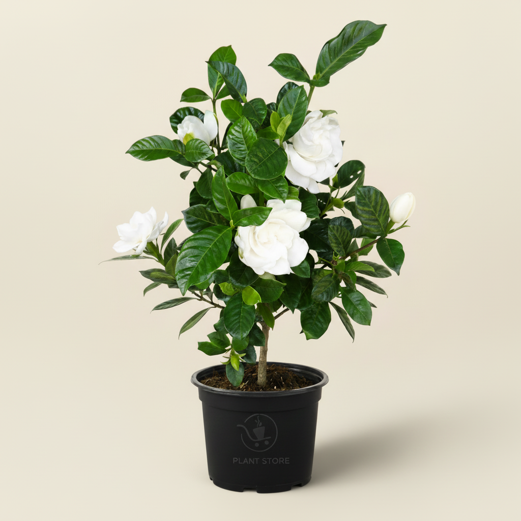 نبات Gardenia خارجي في أصيص أسود بأزهار بيضاء وأوراق خضراء