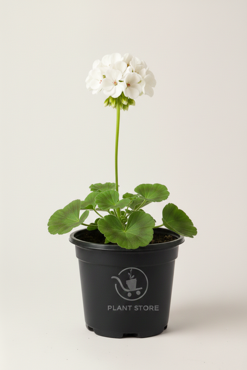 نبتة إبرة الراعي Geranium بزهور بيضاء في أصيص أسود