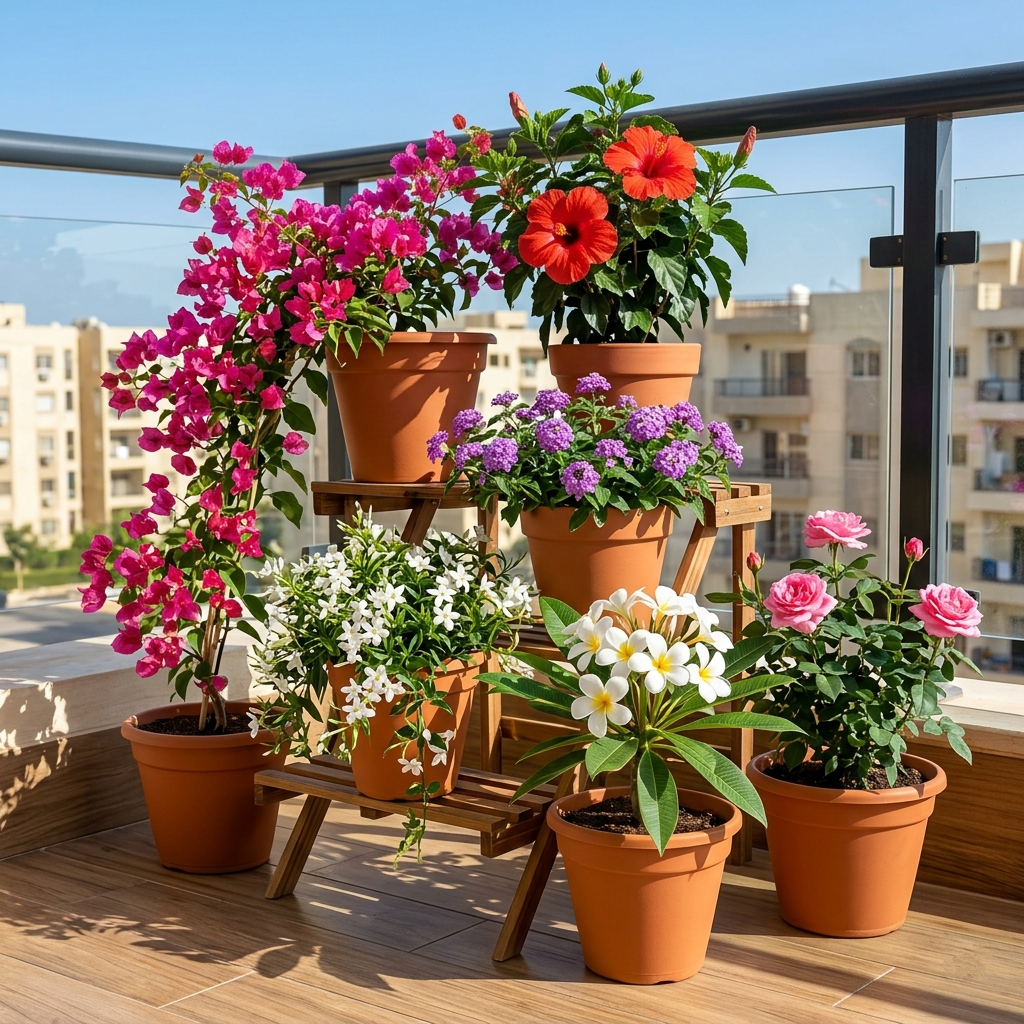 باقة البلكونة المزهرة الطبيعية (Natural Flowering Balcony Bundle) — ست نباتات مزهرة متنوعة الألوان داخل أصص فخارية مشتل، نباتات زينة خارجية - PLANT STORE