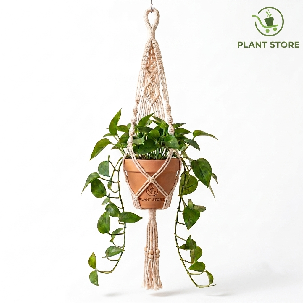 مكرمية تعليق نباتات (Macramé Plant Hanger) بتصميم بوهو من خيوط قطنية طبيعية متينة باللون السكري لتزيين وتعليق النباتات - PLANT STORE EG بلانت ستور