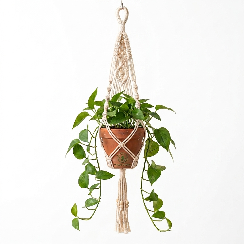 مكرمية تعليق نباتات (Macramé Plant Hanger) بتصميم بوهو من خيوط قطنية طبيعية متينة باللون السكري لتزيين وتعليق النباتات - PLANT STORE EG بلانت ستور