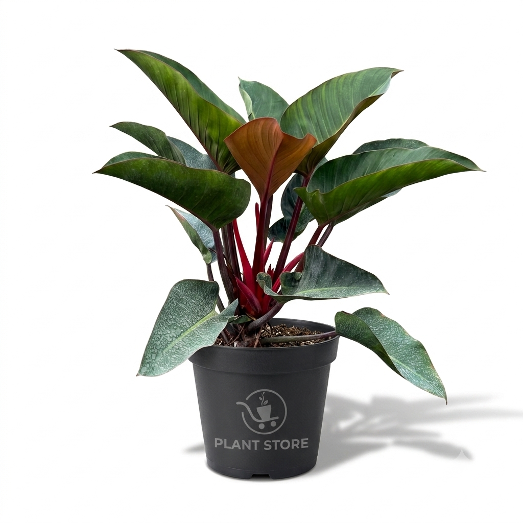 نبات فيلودندرون إمبريال ريد طبيعي (Philodendron Imperial Red) نبات كثيف يتميز بأوراقه الكبيرة واللامعة ذات اللون الأخضر الداكن جداً وسيقانه ذات اللون الأحمر الداكن الغني، داخل إناء مشتل بلاستيكي أسود، نبات زينة داخلي - PLANT STORE EG بلانت ستور