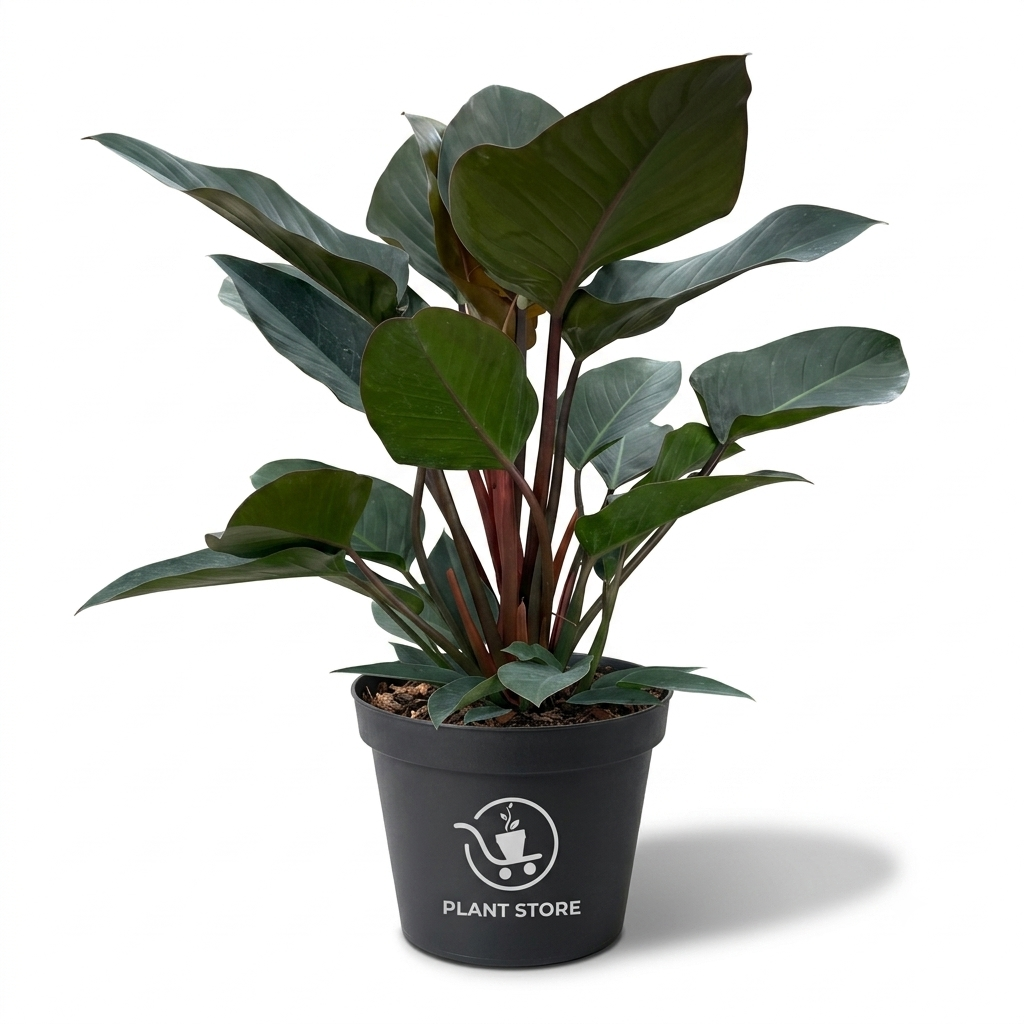 نبات فيلودندرون إمبريال ريد طبيعي (Philodendron Imperial Red) نبات كثيف يتميز بأوراقه الكبيرة واللامعة ذات اللون الأخضر الداكن جداً وسيقانه ذات اللون الأحمر الداكن الغني، داخل إناء مشتل بلاستيكي أسود، نبات زينة داخلي - PLANT STORE EG بلانت ستور