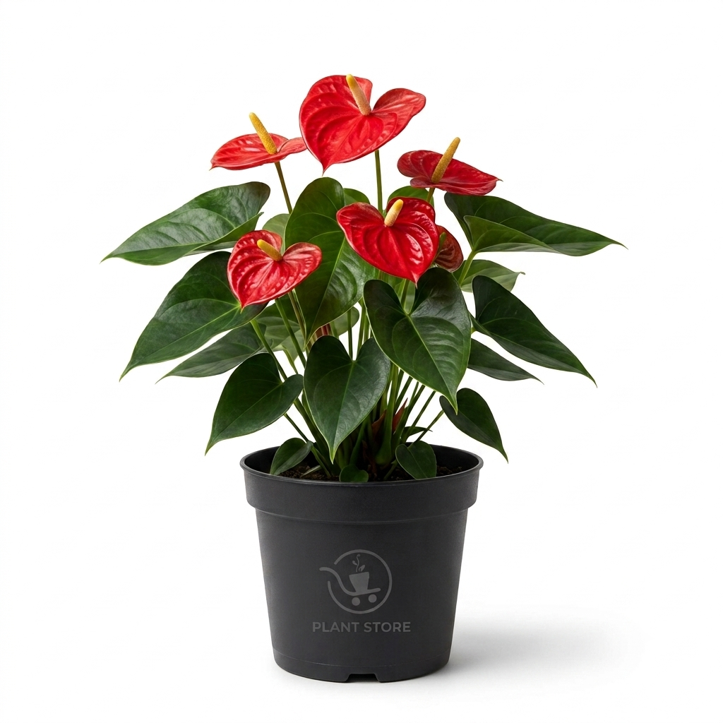 أنثوريوم أحمر الطبيعي (Anthurium) بأوراقه الخضراء الداكنة اللامعة على شكل قلب وزهوره الحمراء الشمعية البارزة داخل إناء مشتل أسود نبات زينة داخلي - PLANT STORE EG بلانت ستور
