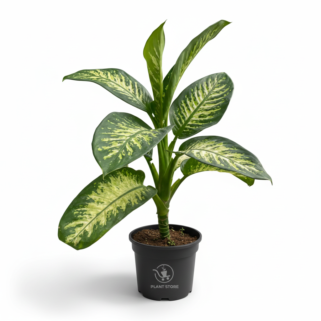 نبات ديفنباخيا Tropic Snow بأوراق خضراء بنقوش فاتحة في أصيص أسود