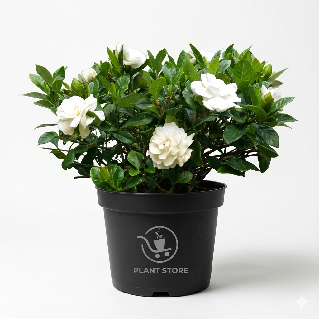 نبتة جاردينيا داخلية Gardenia في أصيص أسود مع أزهار بيضاء وأوراق خضراء