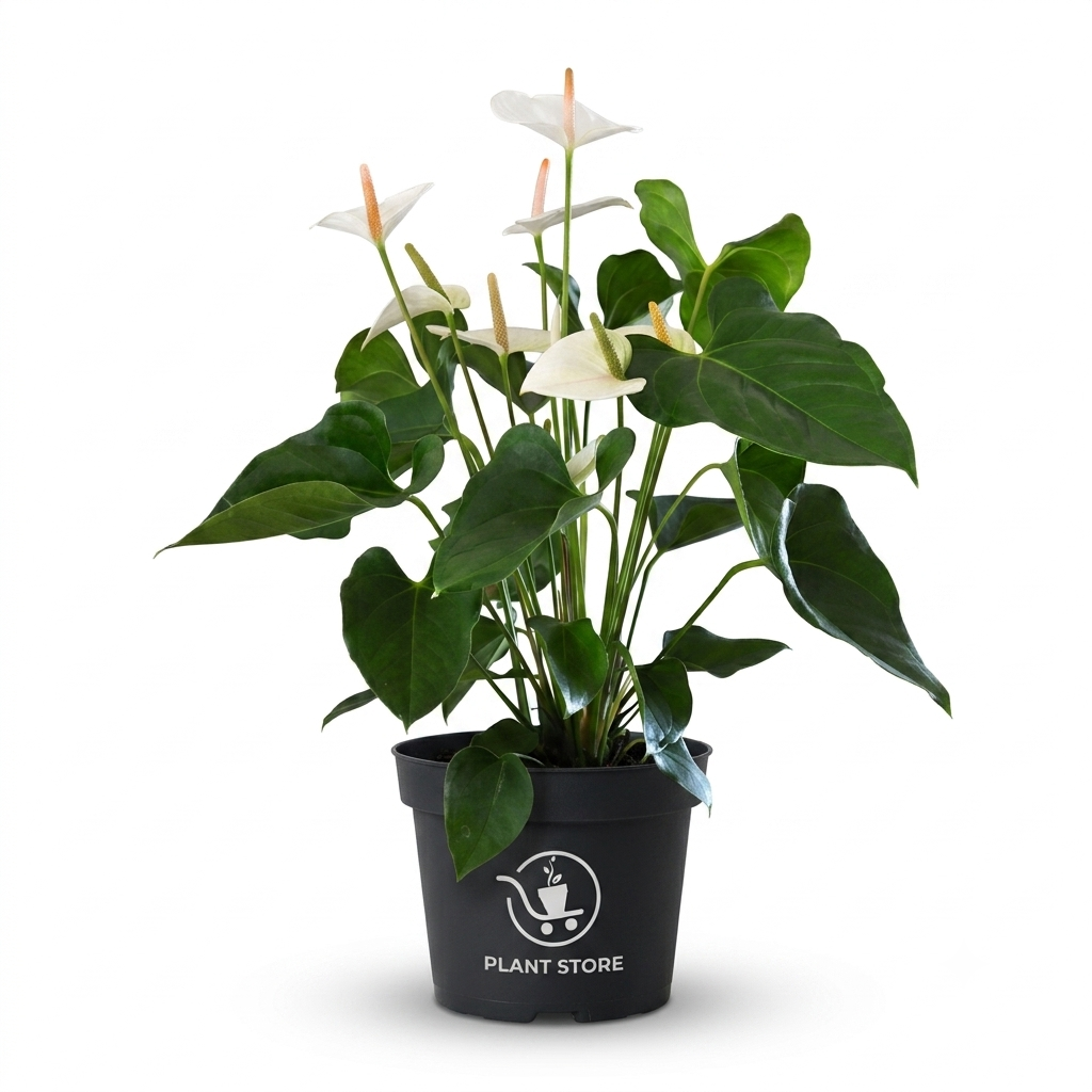 نبات أنثوريوم أبيض طبيعي  (Anthurium) بأوراقه الخضراء الداكنة اللامعة على شكل قلب وزهوره البيضاء الشمعية البارزة داخل إناء مشتل أسود نبات زينة داخلي - PLANT STORE EG بلانت ستور
